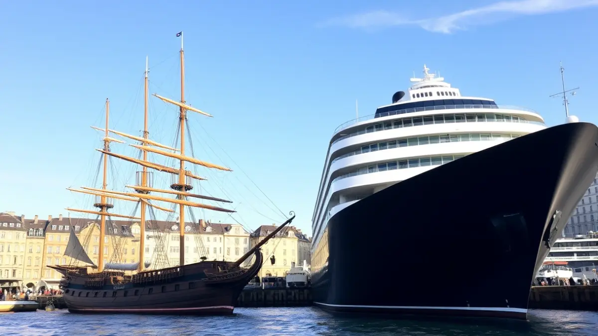 Imaxe dun galeón histórico e un cruceiro polar moderno atracados no porto da Coruña.