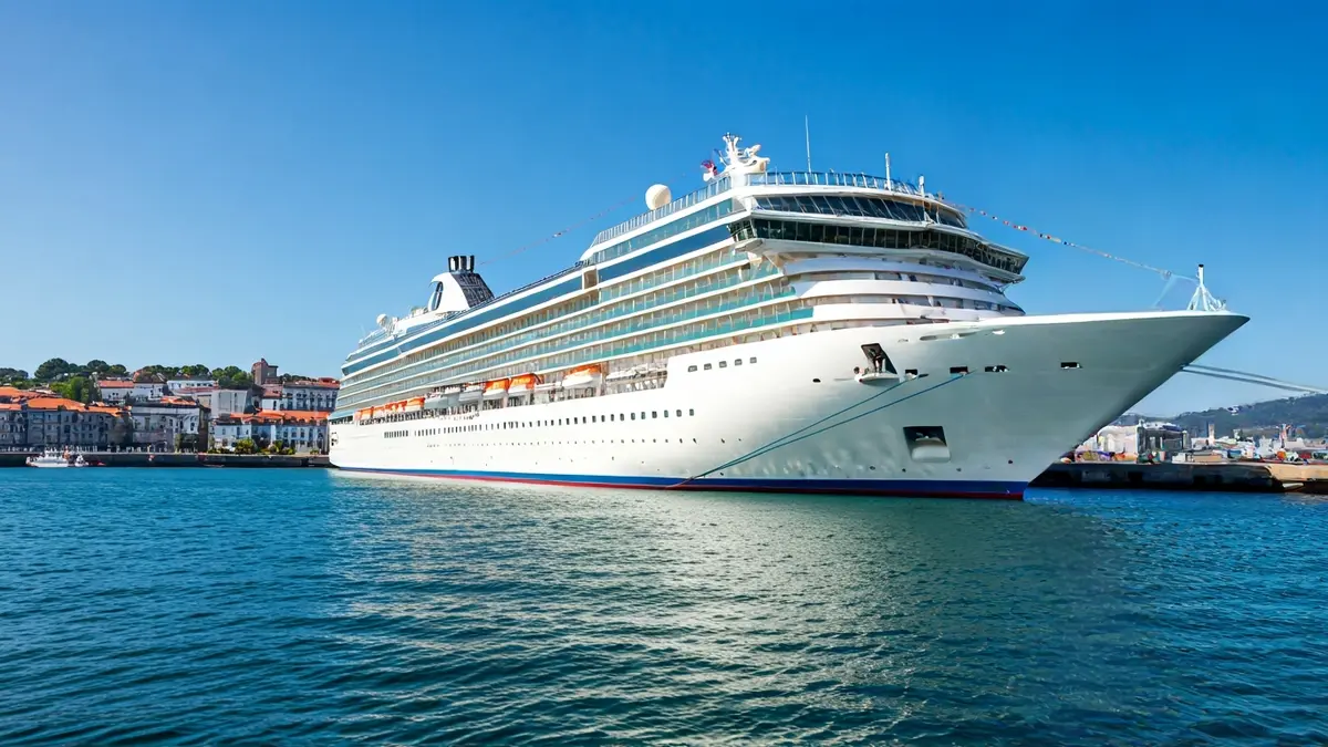 Imaxe dun cruceiro atracado no porto da Coruña co sistema de subministro eléctrico conectado.