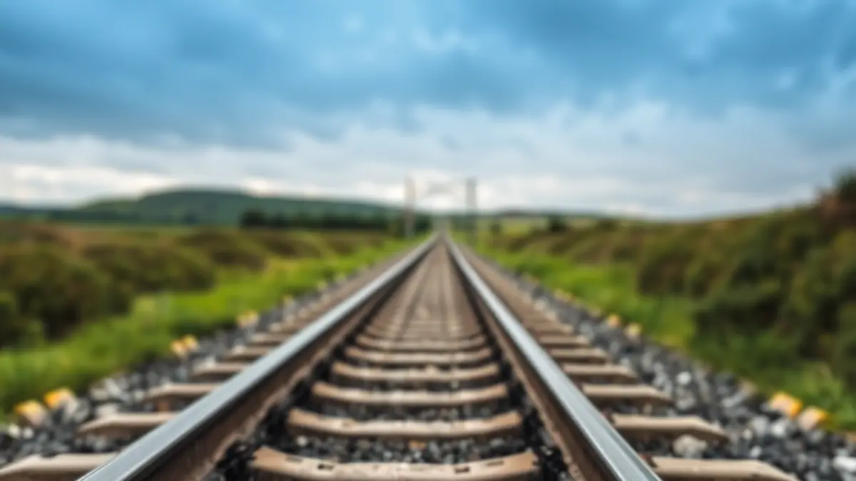 Imaxe xenérica dunha vía de tren moderna que se perde no horizonte, con paisaxe galega borrosa.