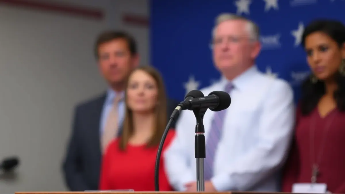 Imaxe xenérica dun micrófono nun atril durante unha rolda de prensa.