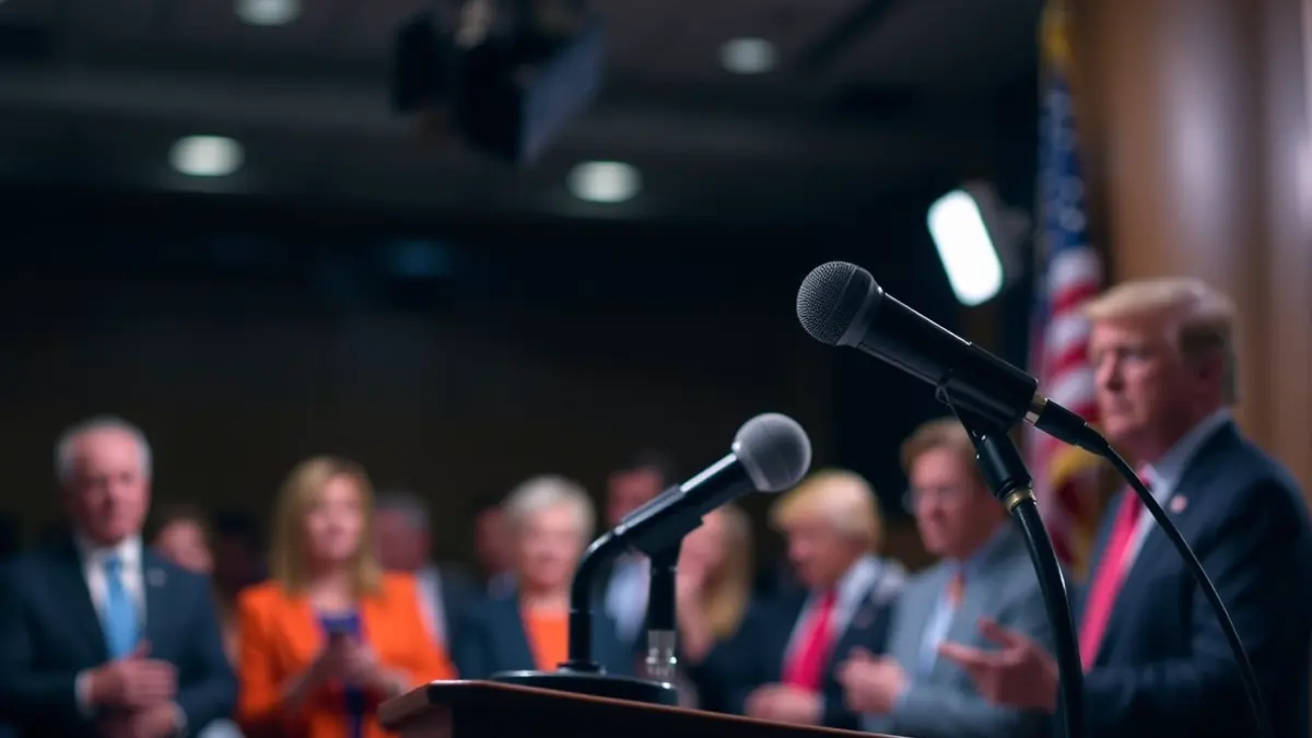 Imaxe xenérica dun micrófono nun podio, simbolizando unha rolda de prensa ou declaración política.