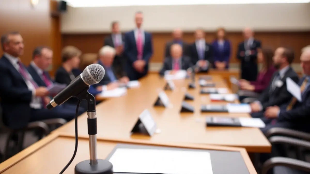 Imaxe xenérica dun micrófono nun podio, simbolizando un debate político ou unha rolda de prensa.