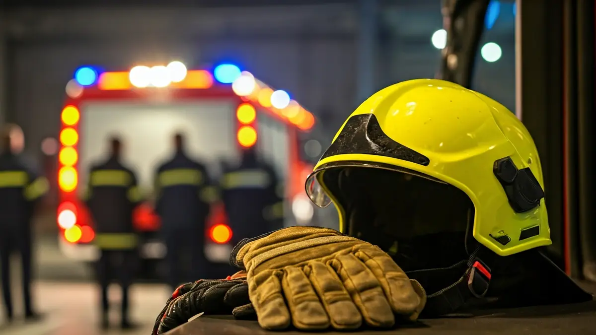 Imagen genérica de equipamiento de bombero, casco y guantes, sobre el salpicadero de un camión de bomberos.