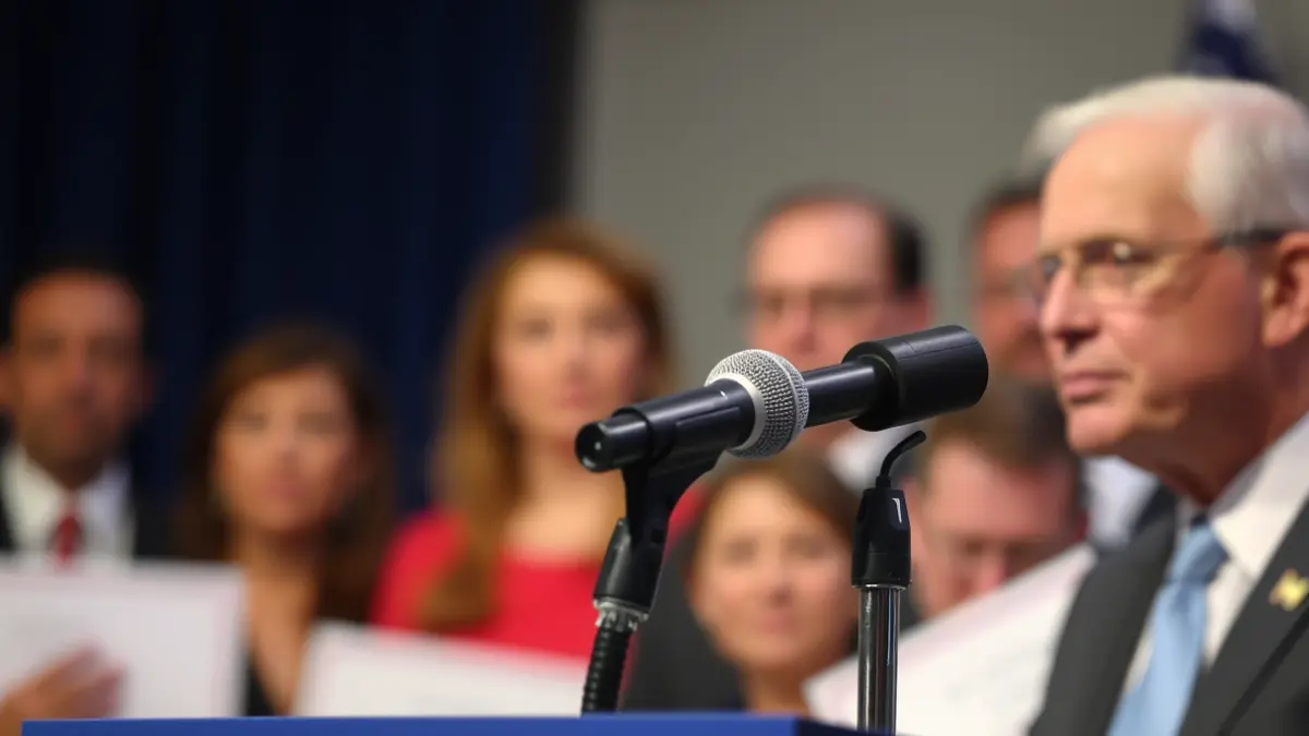 Imagen genérica de un micrófono en un atril durante una rueda de prensa política.
