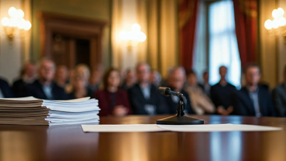 Imaxe xenérica dunha mesa de reunións con documentos e un micrófono.