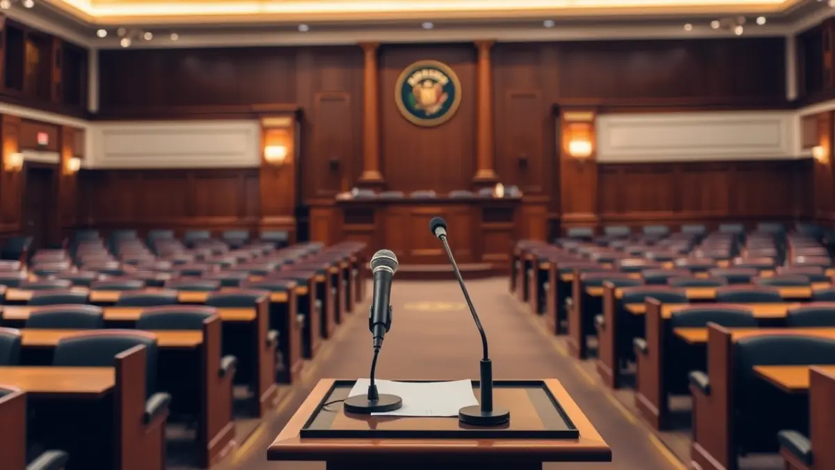 Imaxe xenérica dunha sala de plenos baleira cun micrófono no estrado.