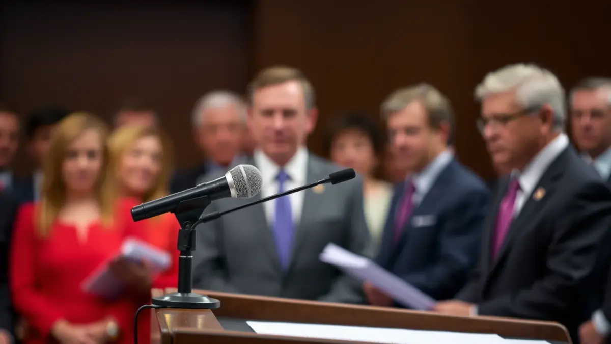Imaxe xenérica dun micrófono nun podio, representando un debate político ou rolda de prensa.