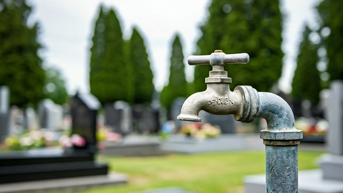 Imagen de un grifo sin agua en un cementerio.