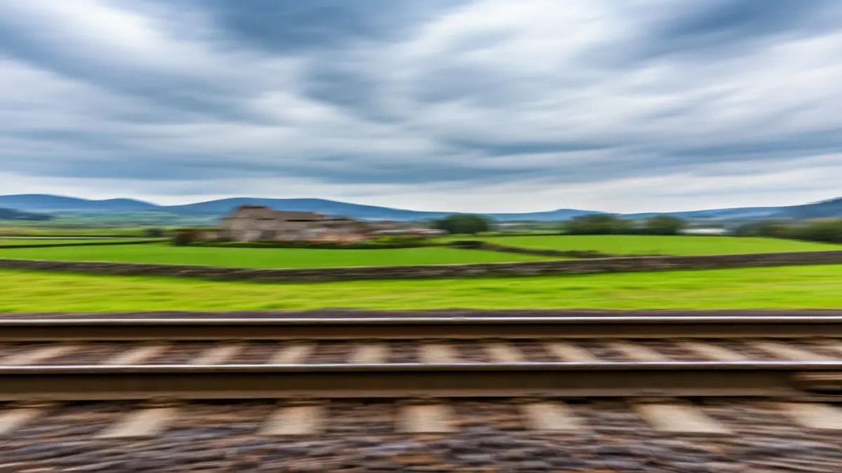 Imaxe xenérica dunha vía de tren nunha paisaxe galega.