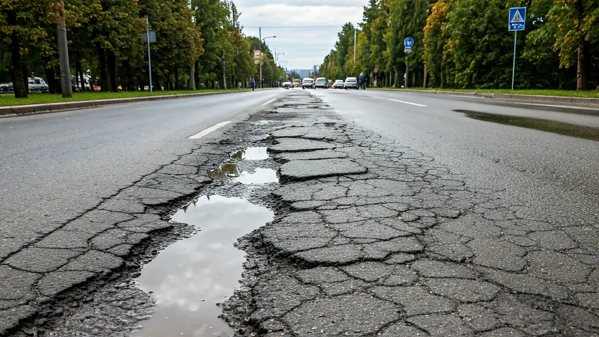 Imaxe xenérica de asfalto danado con fochancas e gretas.