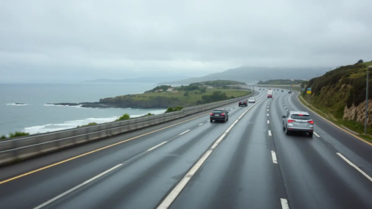 Imaxe dun tramo de autovía con tráfico borroso e ceo anubrado, con sinais de choiva recente.