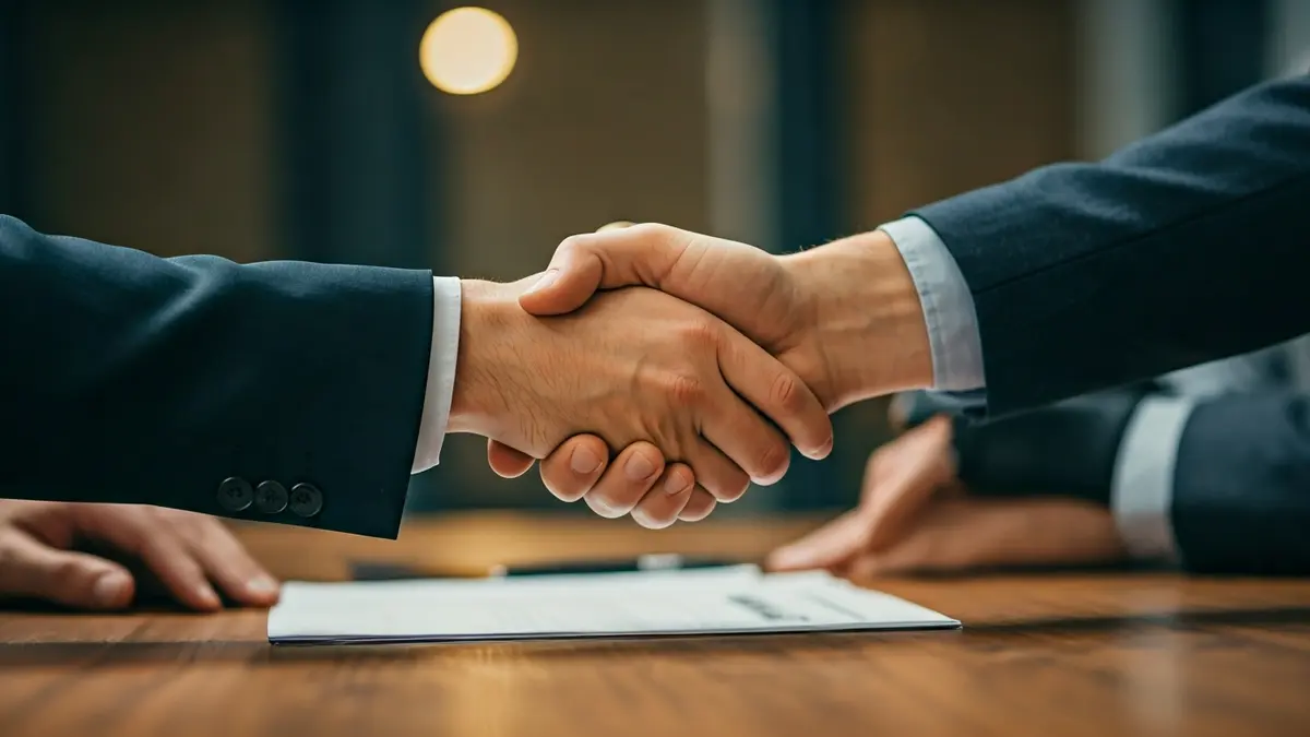 Imaxe xenérica de mans estreitándose sobre unha mesa, simbolizando un acordo.