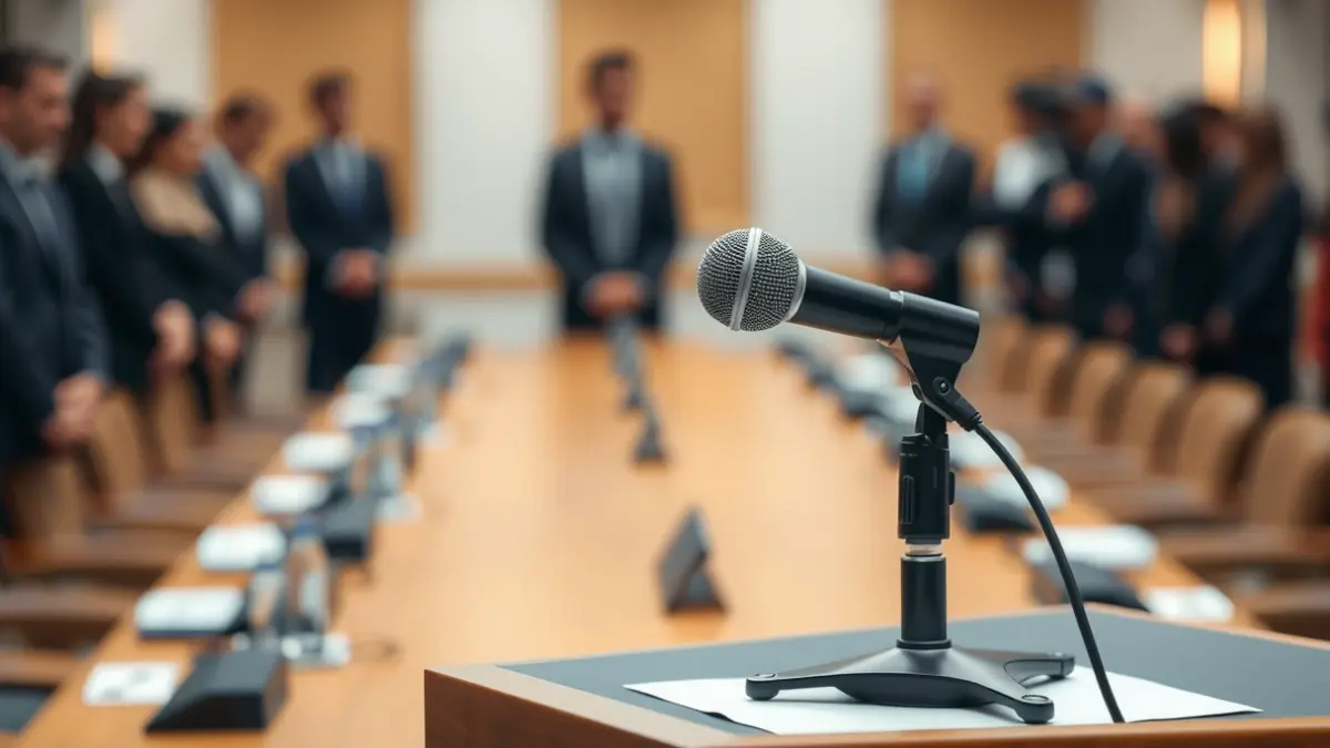 Imaxe xenérica dun micrófono nun atril durante unha rolda de prensa.