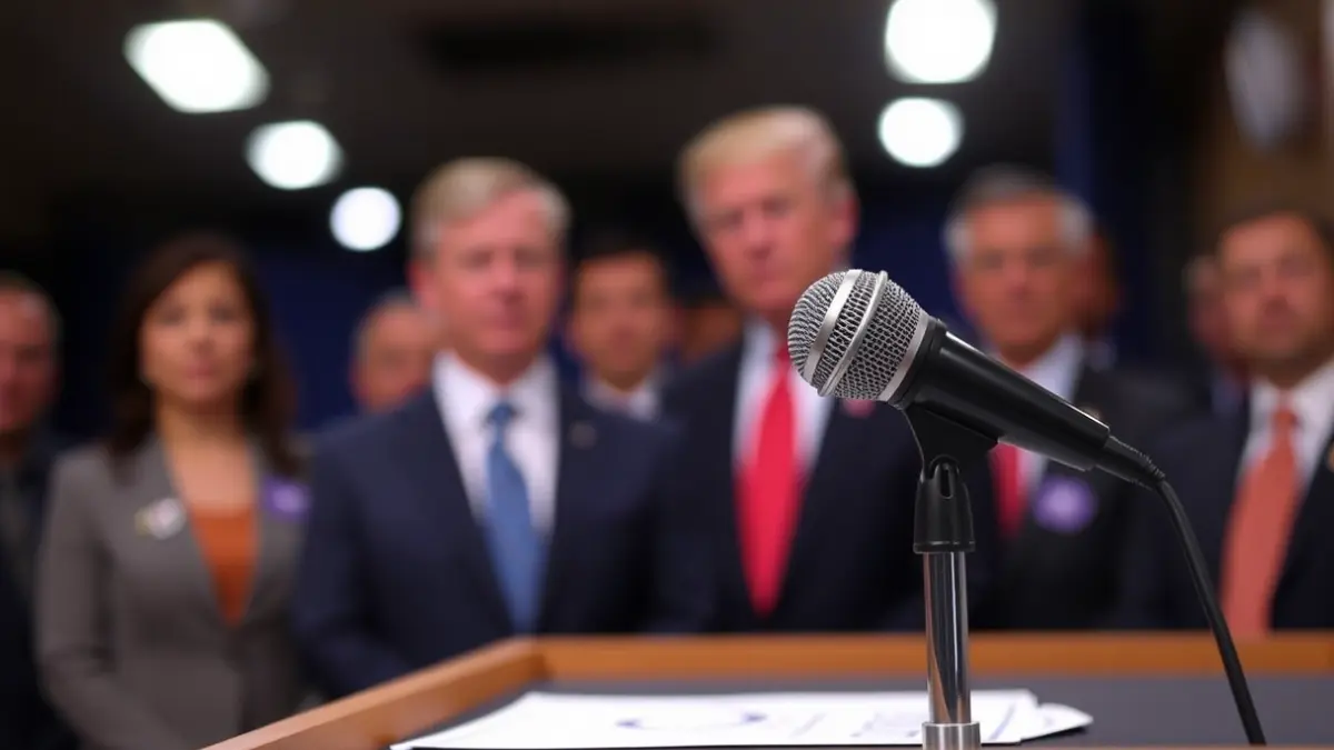 Imaxe xenérica dun micrófono nun podio durante unha rolda de prensa política.