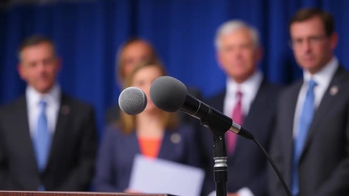 Imaxe xenérica dun micrófono nun atril durante unha rolda de prensa.