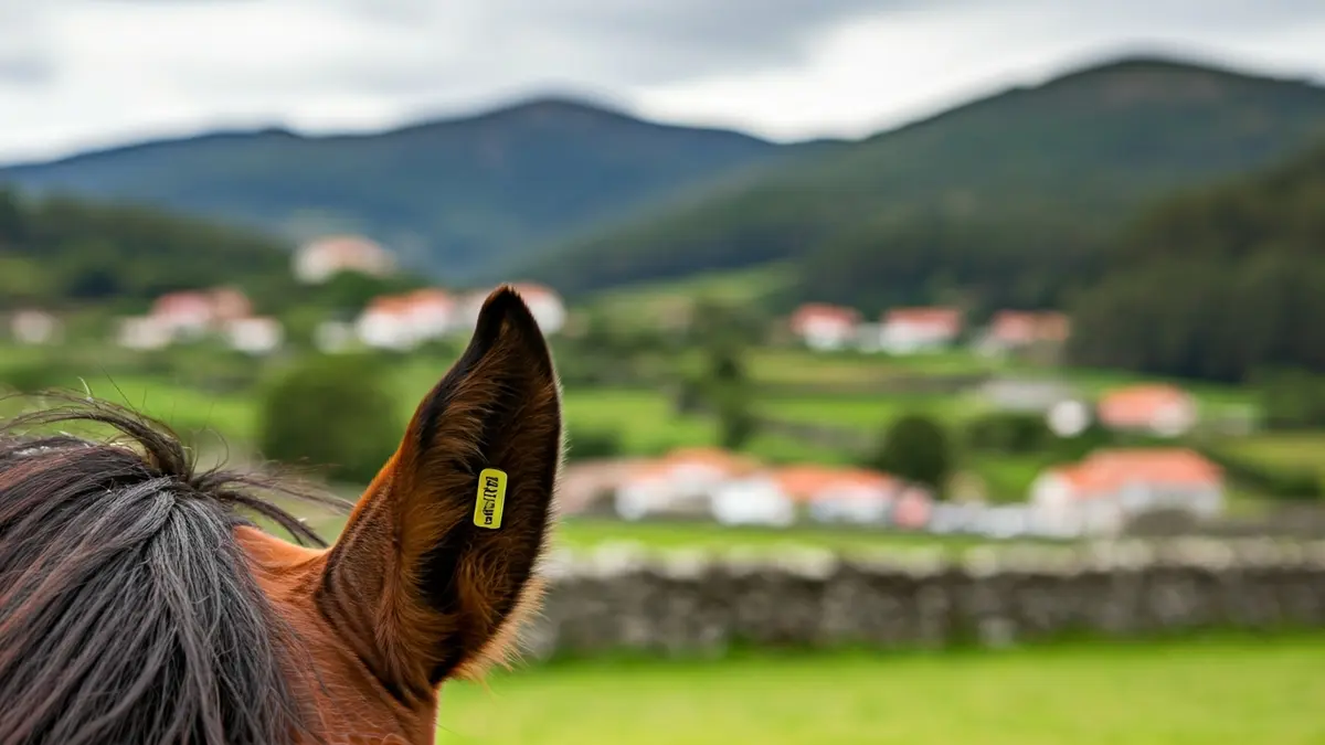 Imaxe dun cabalo con chip de identificación, coa paisaxe galega de fondo.