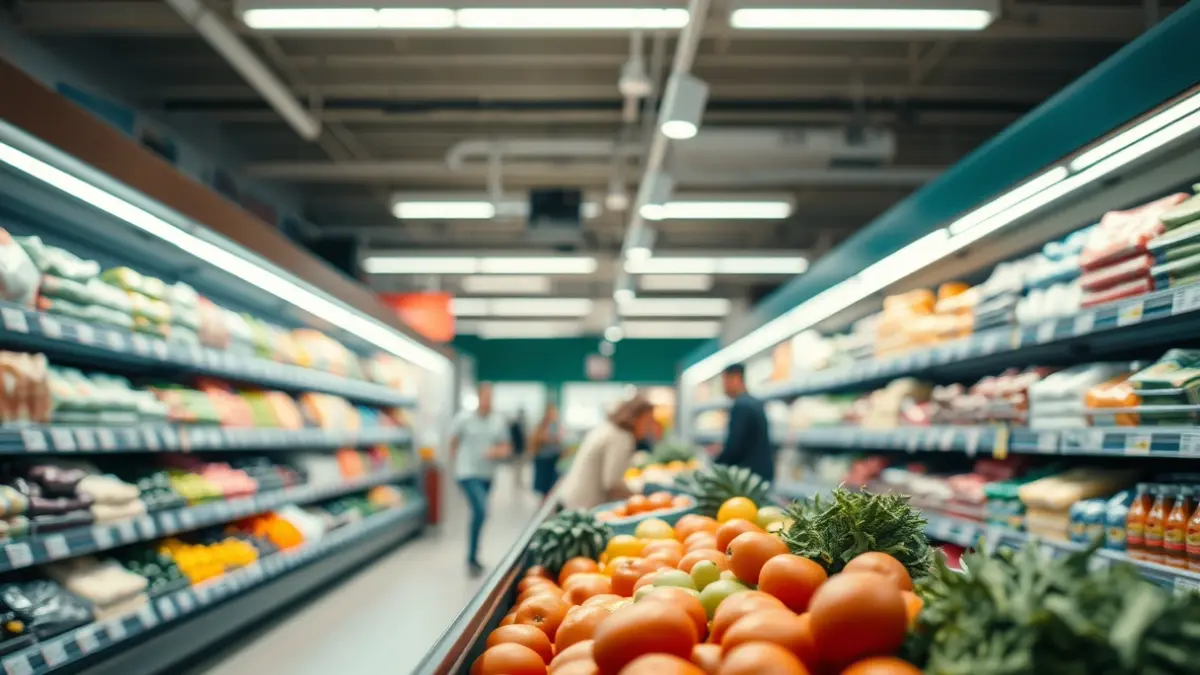 Imaxe xenérica dun supermercado moderno con estantes ben organizados e produtos frescos.