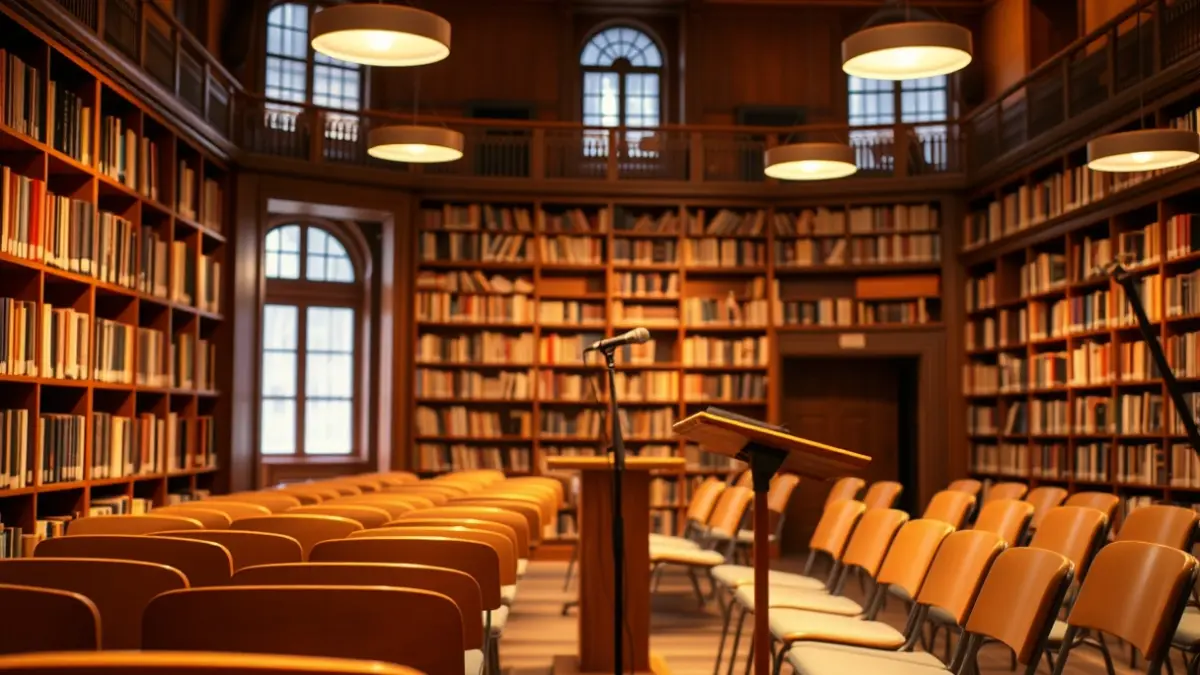 Imaxe xenérica dunha biblioteca con estantes de madeira e un podio con micrófono, representando un espazo cultural.