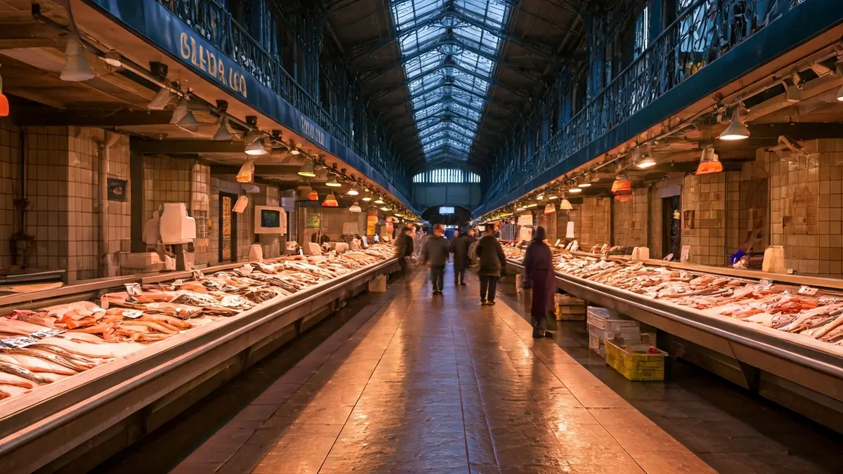 Imaxe do interior dun mercado tradicional galego con postos de peixe fresco.