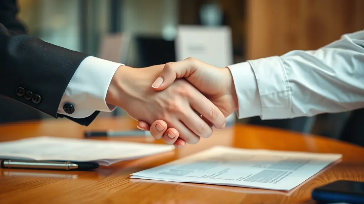 Imaxe xenérica de dúas mans estreitándose sobre un escritorio, simbolizando un acordo ou recoñecemento.