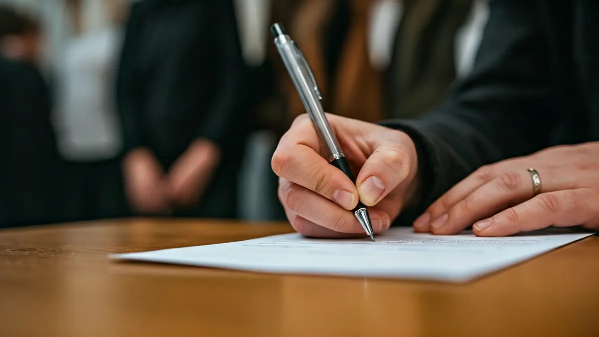 Imaxe xenérica dunha man asinando un formulario de recollida de sinaturas.