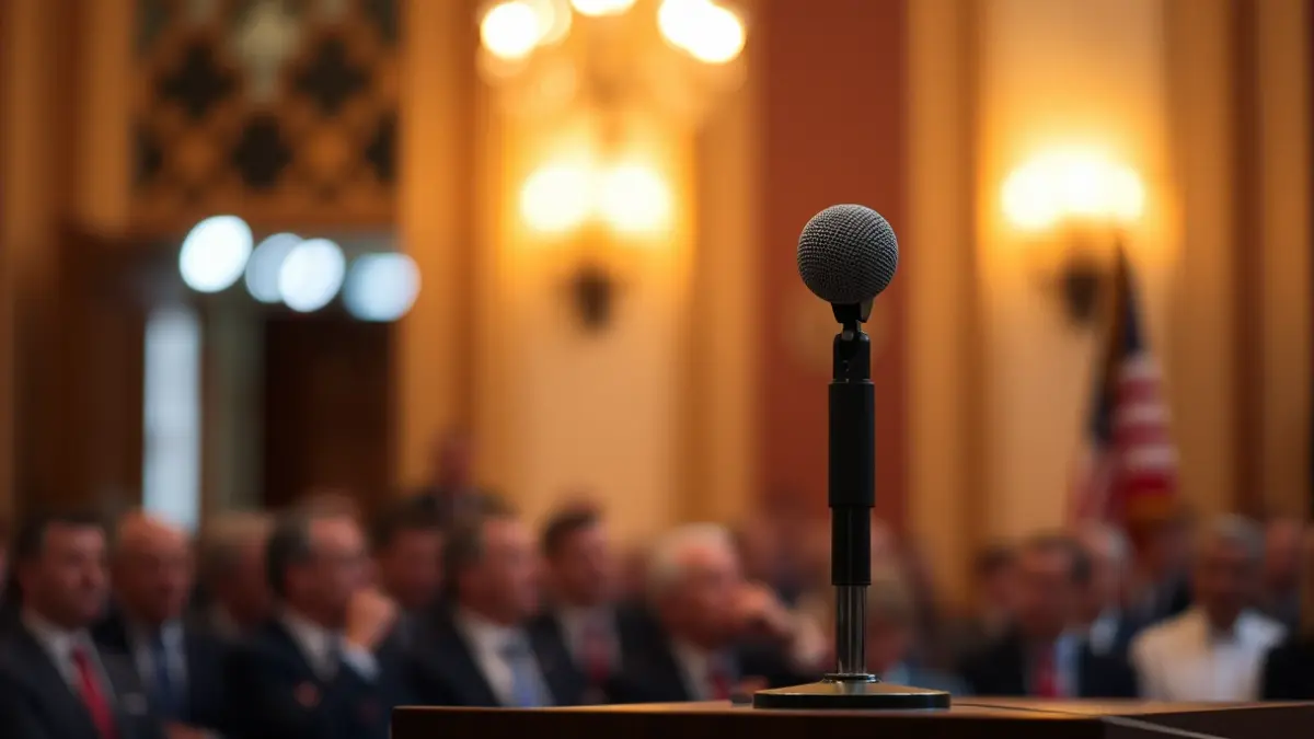 Imaxe xenérica dun micrófono nun podio, simbolizando unha reunión política.