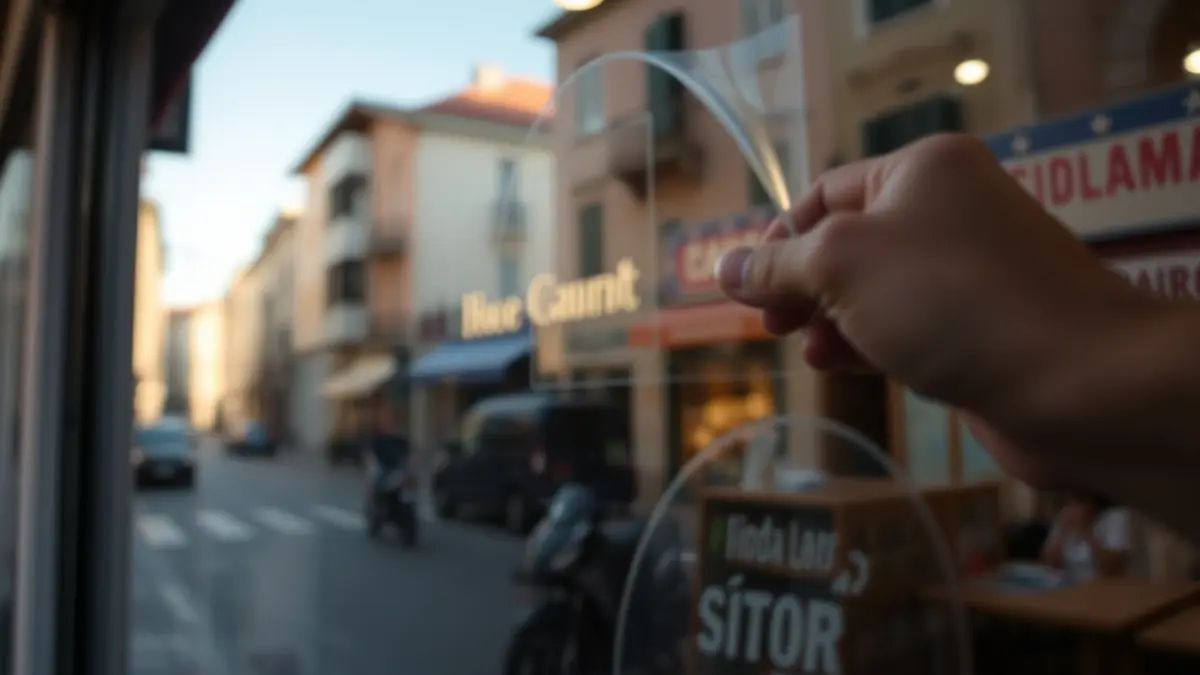 Imaxe dun vinilo sendo colocado nun escaparate dun local comercial.