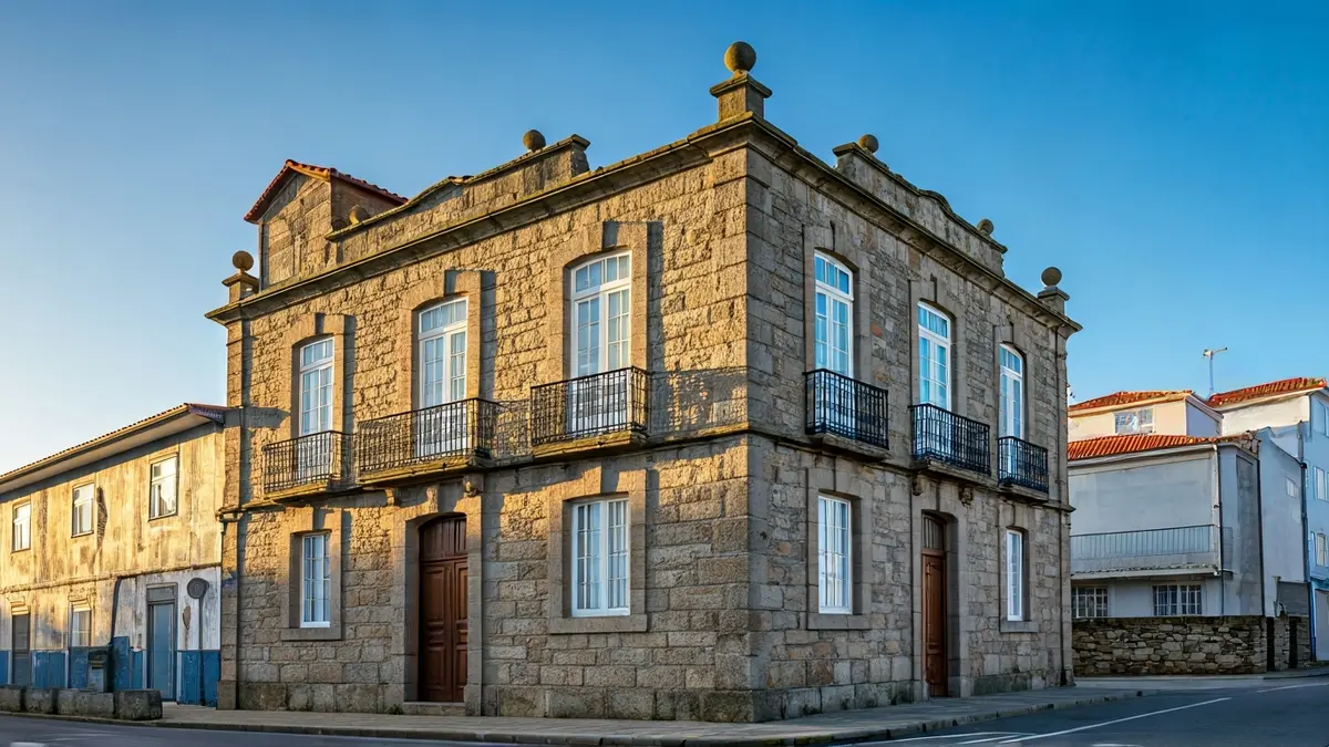 Antigo cine Millán en Palmeira, Ribeira, cunha fachada de pedra e balcón.