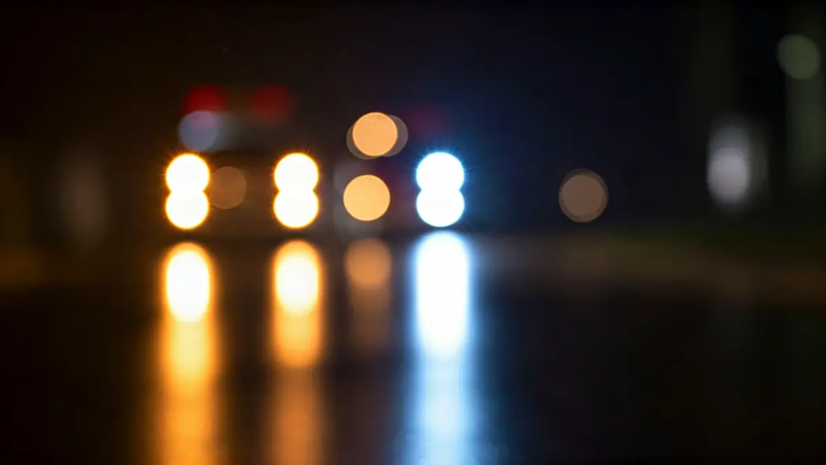 Imagen genérica de luces de emergencia reflejándose sobre asfalto mojado.