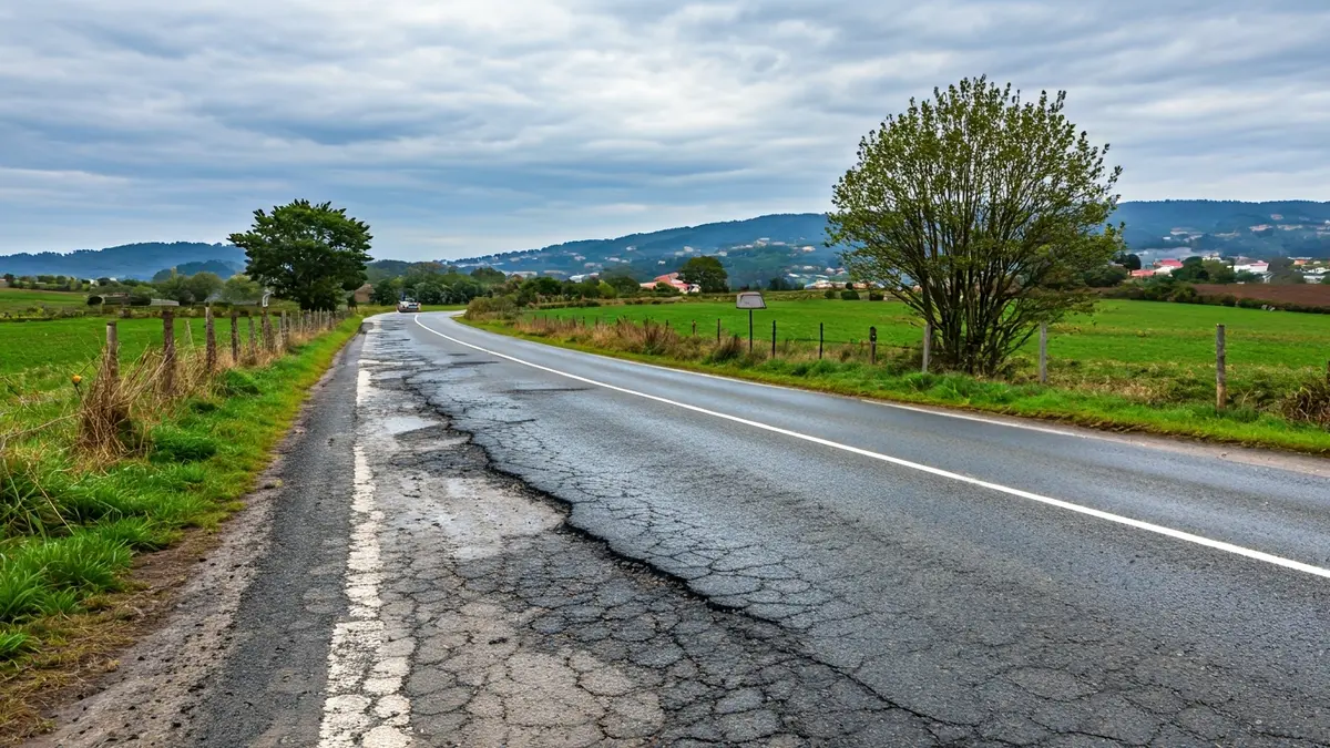 Imaxe xenérica dunha estrada rural en mal estado con fochancas.