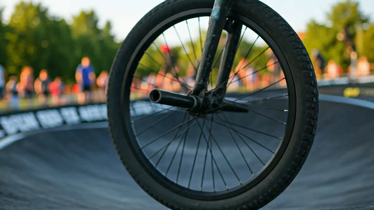 Imaxe xenérica dunha roda de bicicleta BMX nun circuíto de pumptrack.