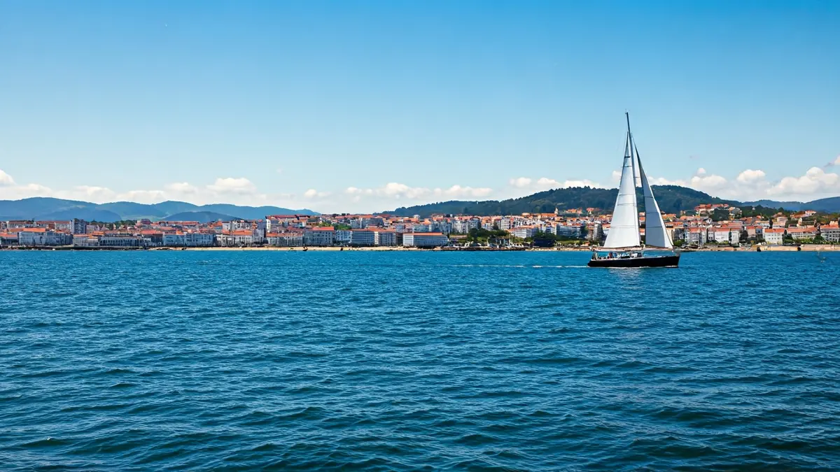 O veleiro 'Bribón' navegando na ría de Pontevedra, con Sanxenxo ao fondo.