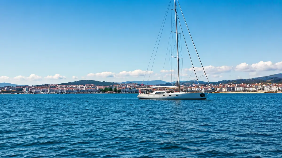 Imagen del yate 'Bribón' navegando en la ría de Pontevedra, con Sanxenxo al fondo.