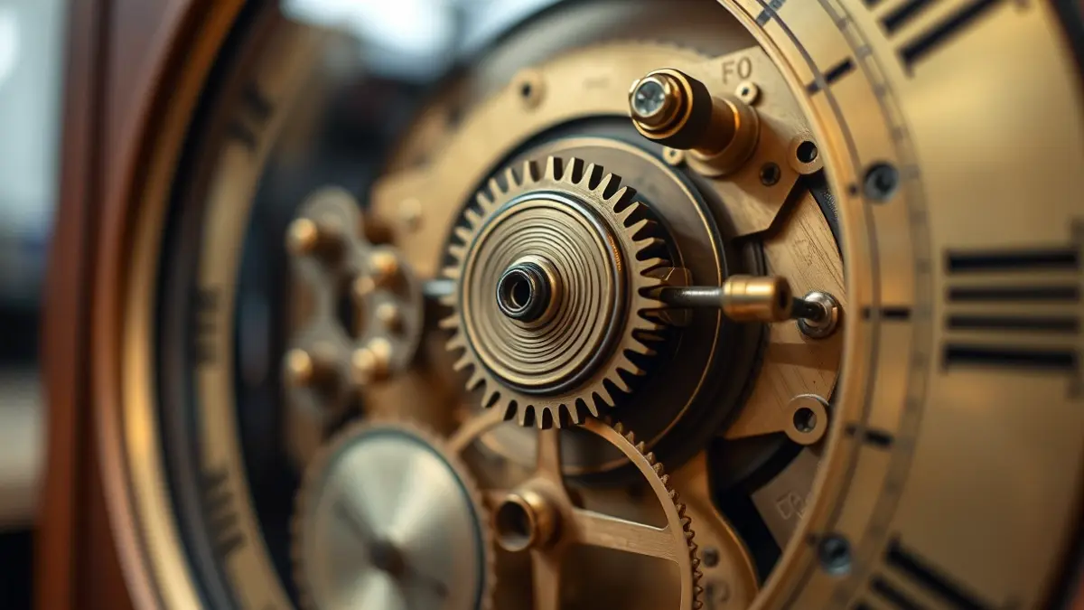 Imaxe dun mecanismo de reloxo antigo con engrenaxes de latón e válvulas de mercurio.