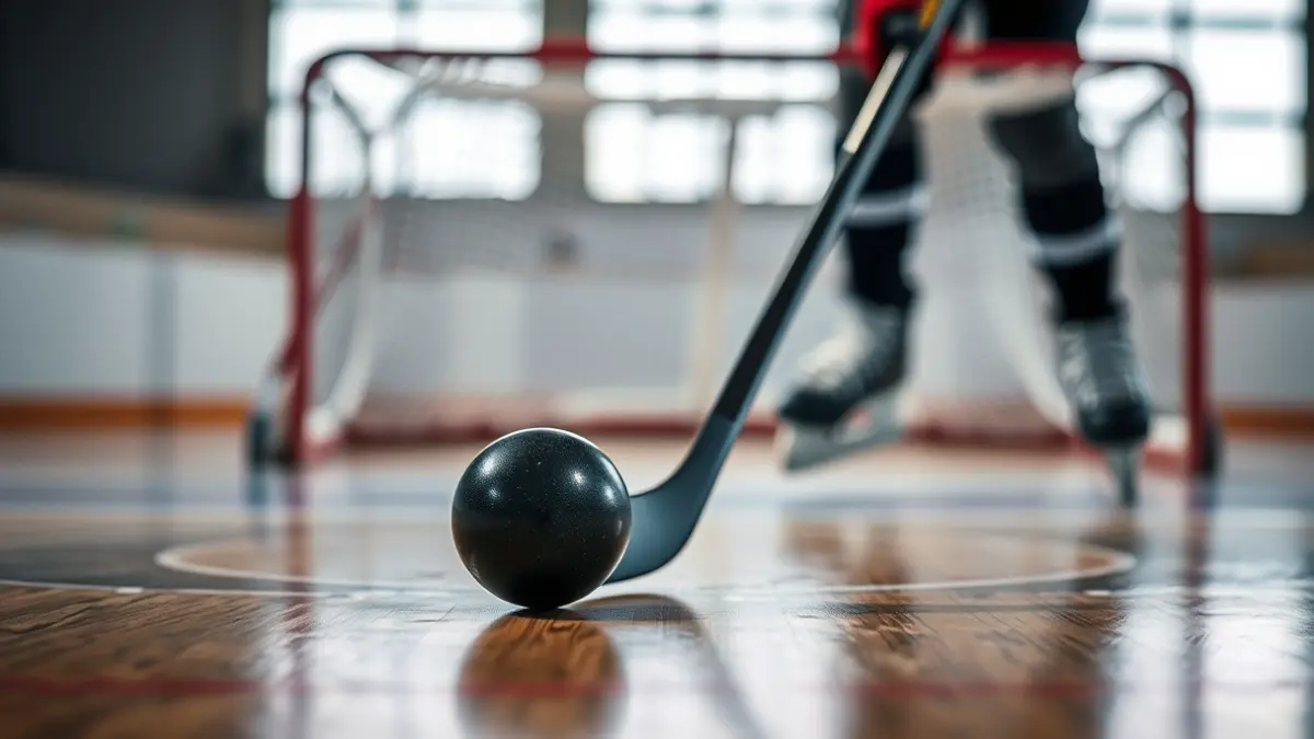 Imagen genérica de un stick y una bola de hockey sobre patines en una pista.