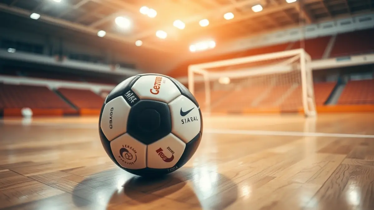 Imaxe xenérica dun balón de fútbol sala nunha pista de madeira.