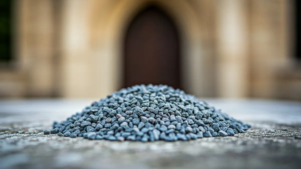 Imaxe dunha pila de grava fina sobre pedra, coa parede dunha capela antiga difuminada ao fondo.