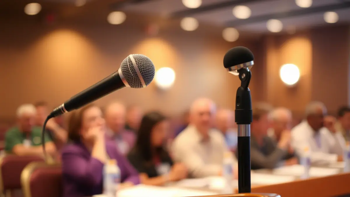 Imaxe xenérica dun micrófono nun podio, suxerindo unha charla ou presentación.