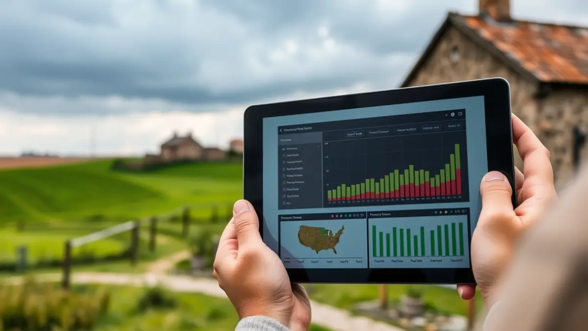 Imaxe xenérica de mans sostendo unha tablet con datos agrícolas nun entorno rural galego.