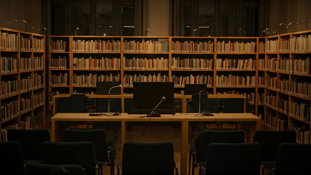 Imaxe xenérica dun espazo creativo con estanterías de madeira e un podio con micrófono.