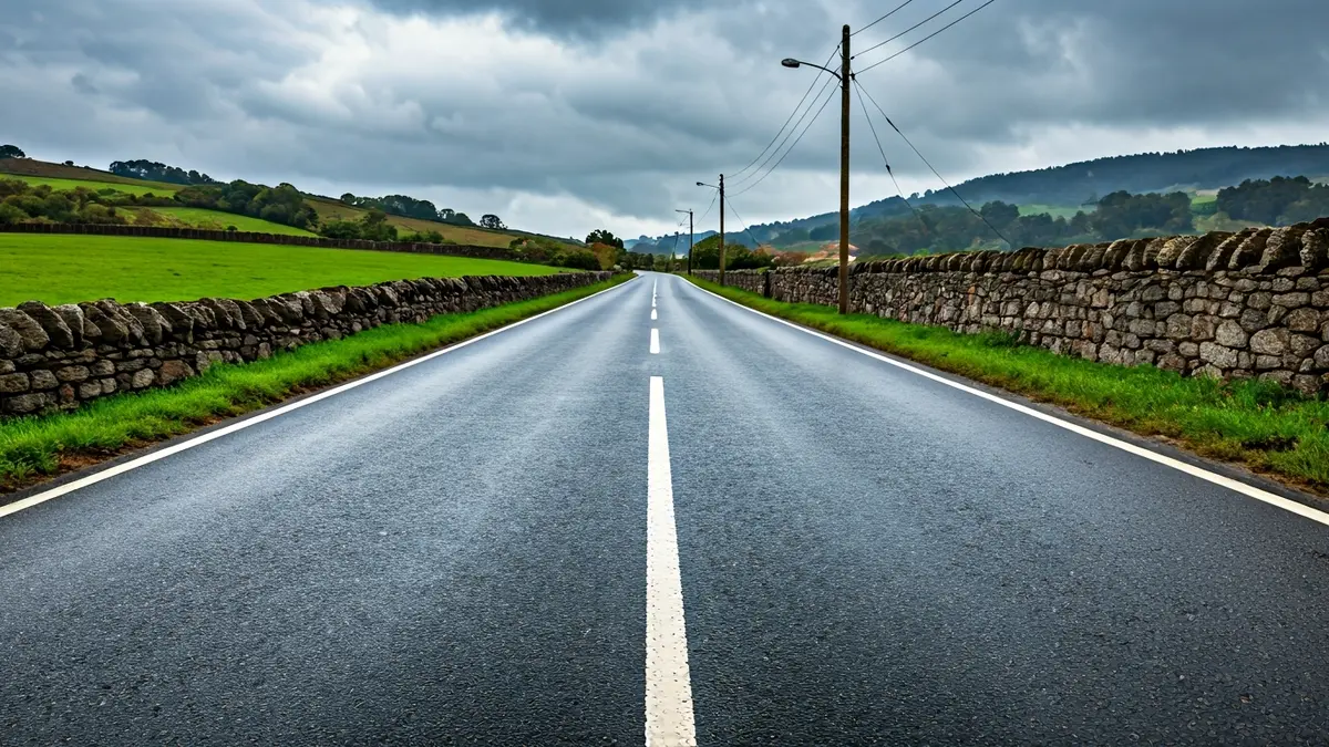 Imagen de una carretera rural gallega bajo la lluvia.
