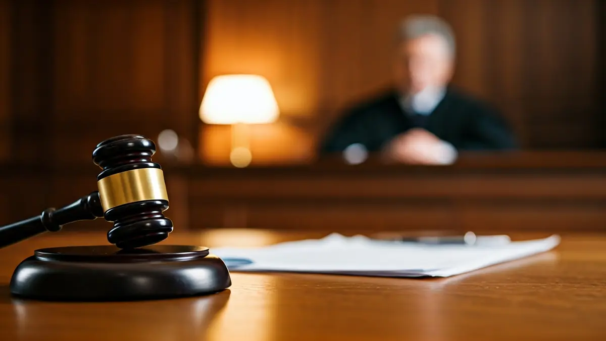 Imaxe xenérica dun mazo de xuíz sobre documentos legais nun xulgado.