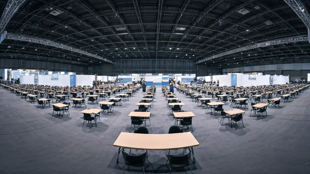Imaxe xenérica dunha sala de exames baleira nun recinto feiral.