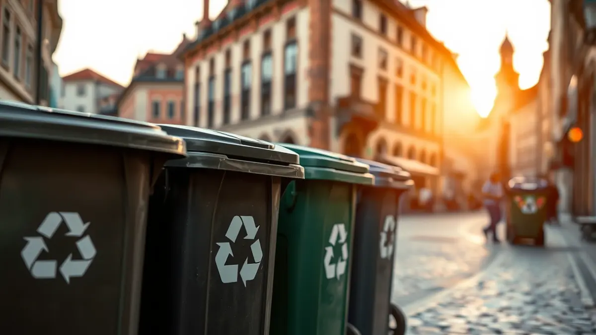 Imagen genérica de contenedores de reciclaje en una calle empedrada del casco histórico.