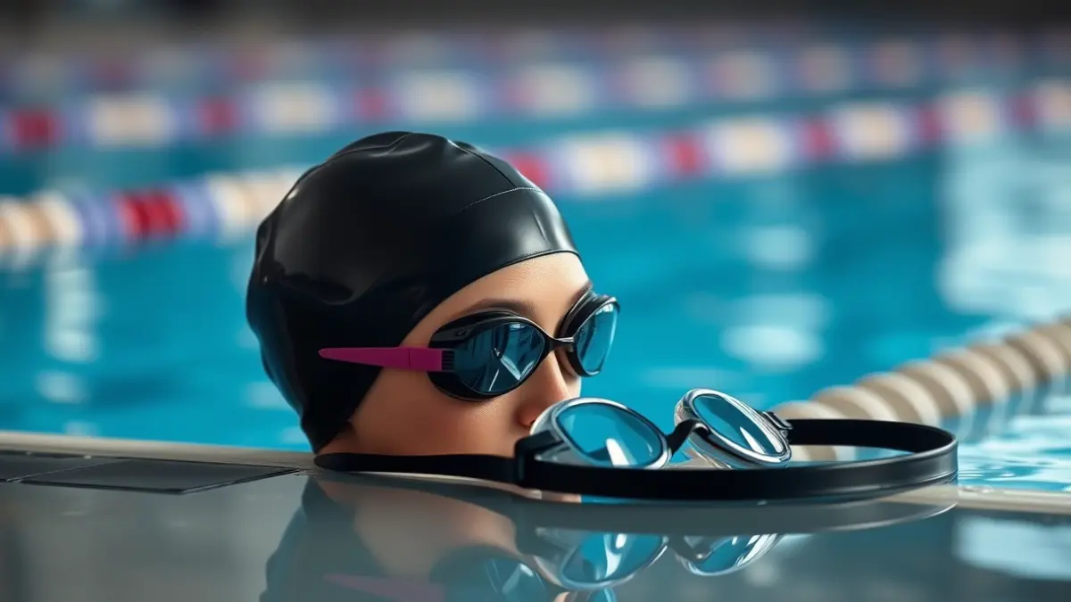 Imaxe xenérica de material de natación sincronizada, como un gorro e unhas lentes, á beira dunha piscina.
