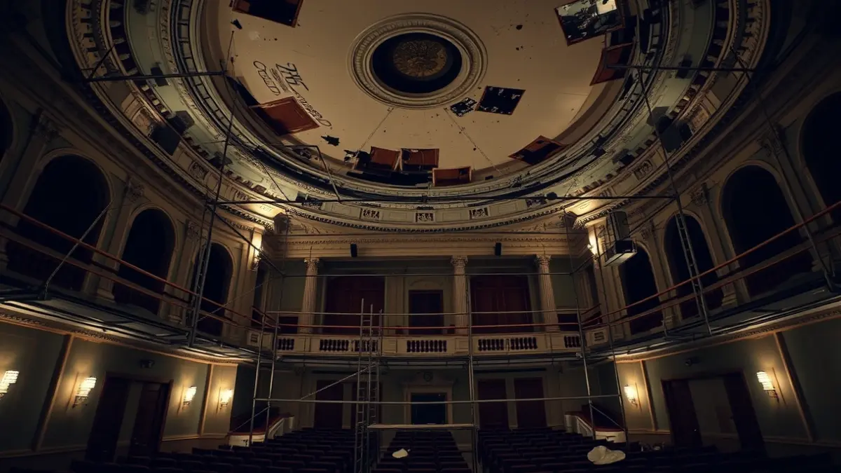 Imaxe do interior dun teatro histórico con estadas arredor dun teito danado.