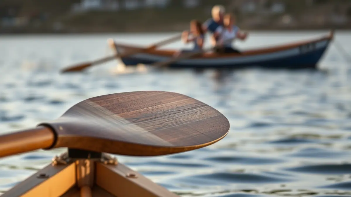 Imaxe xenérica dun remo de trainerilla sobre a auga, con acción de remo difuminada ao fondo.