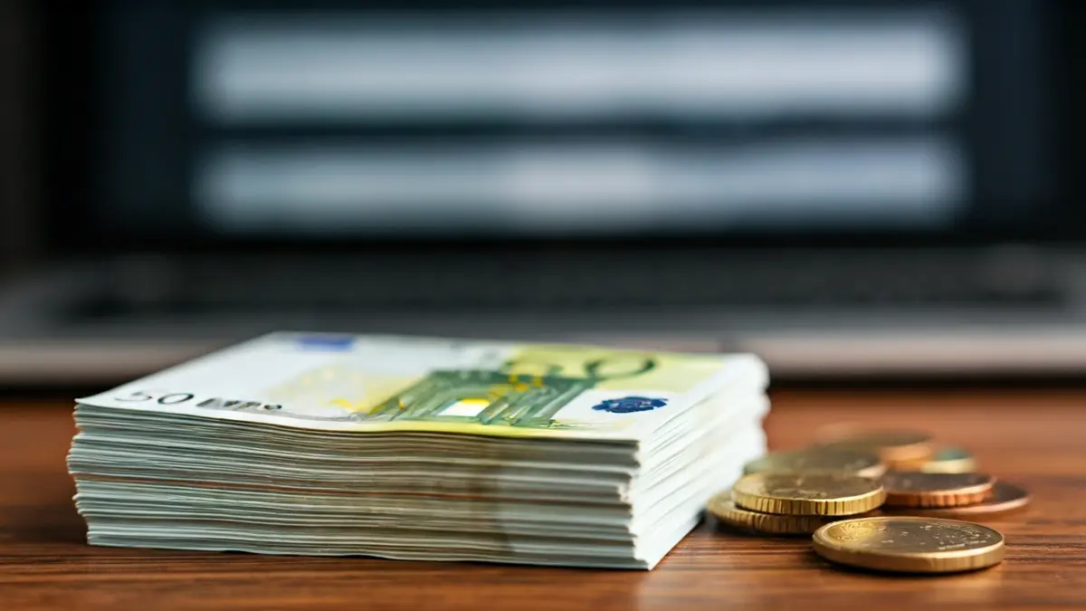 Imaxe xenérica de billetes e moedas de euro sobre unha mesa, con gráficos financeiros de fondo.