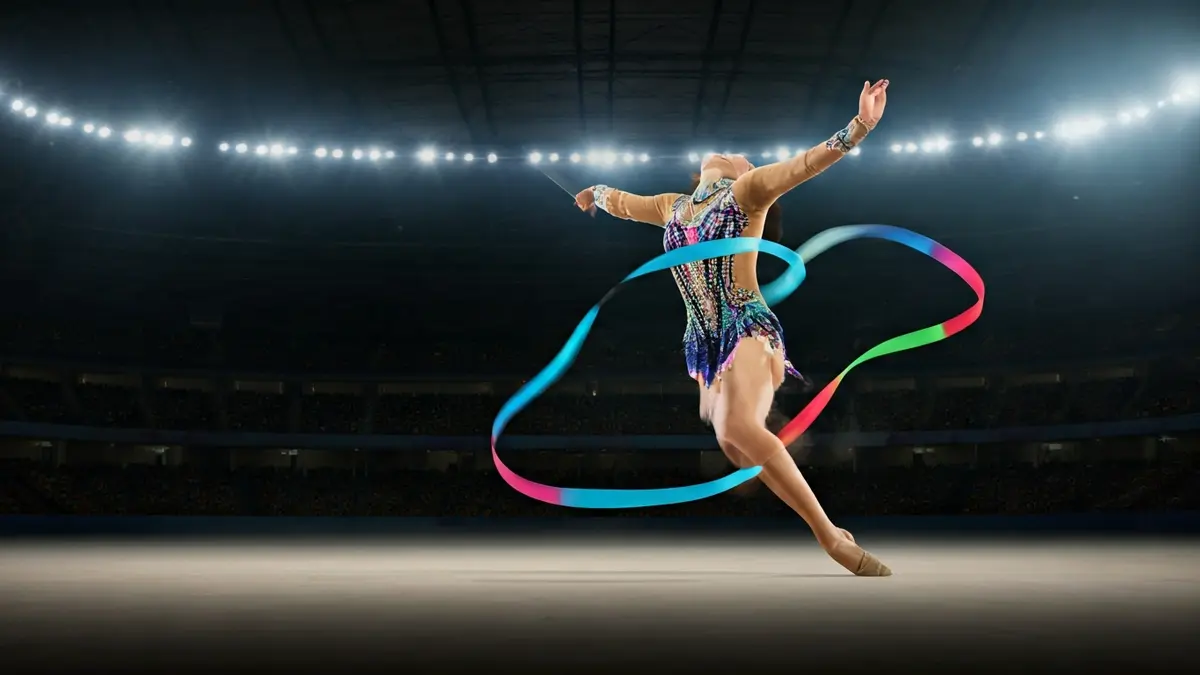 Imaxe xenérica dunha cinta de ximnasia rítmica en movemento nun pavillón deportivo.
