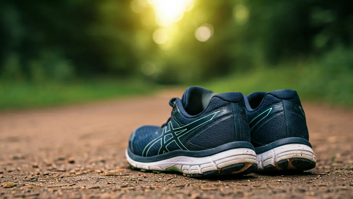 Imaxe xenérica de zapatillas de correr nun sendeiro natural.